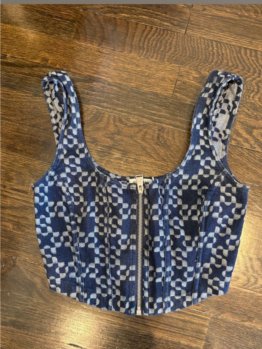 Navy Patterned Zip-Front Crop Top - Picture 4 of 6